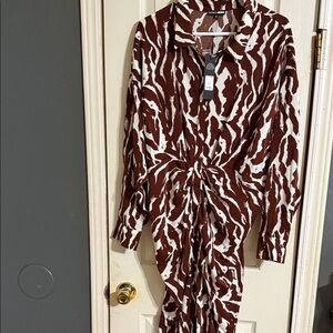 Zebra Brown and White Patterned Long Sleeve Dress